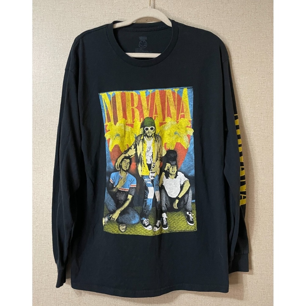 Nirvana Kurt Cobain Graphic Long Sleeve Band Tee‎ Licensed Men Size L Black